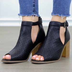 Peep Toe Black Faux Leather Heeled Ankle Boots